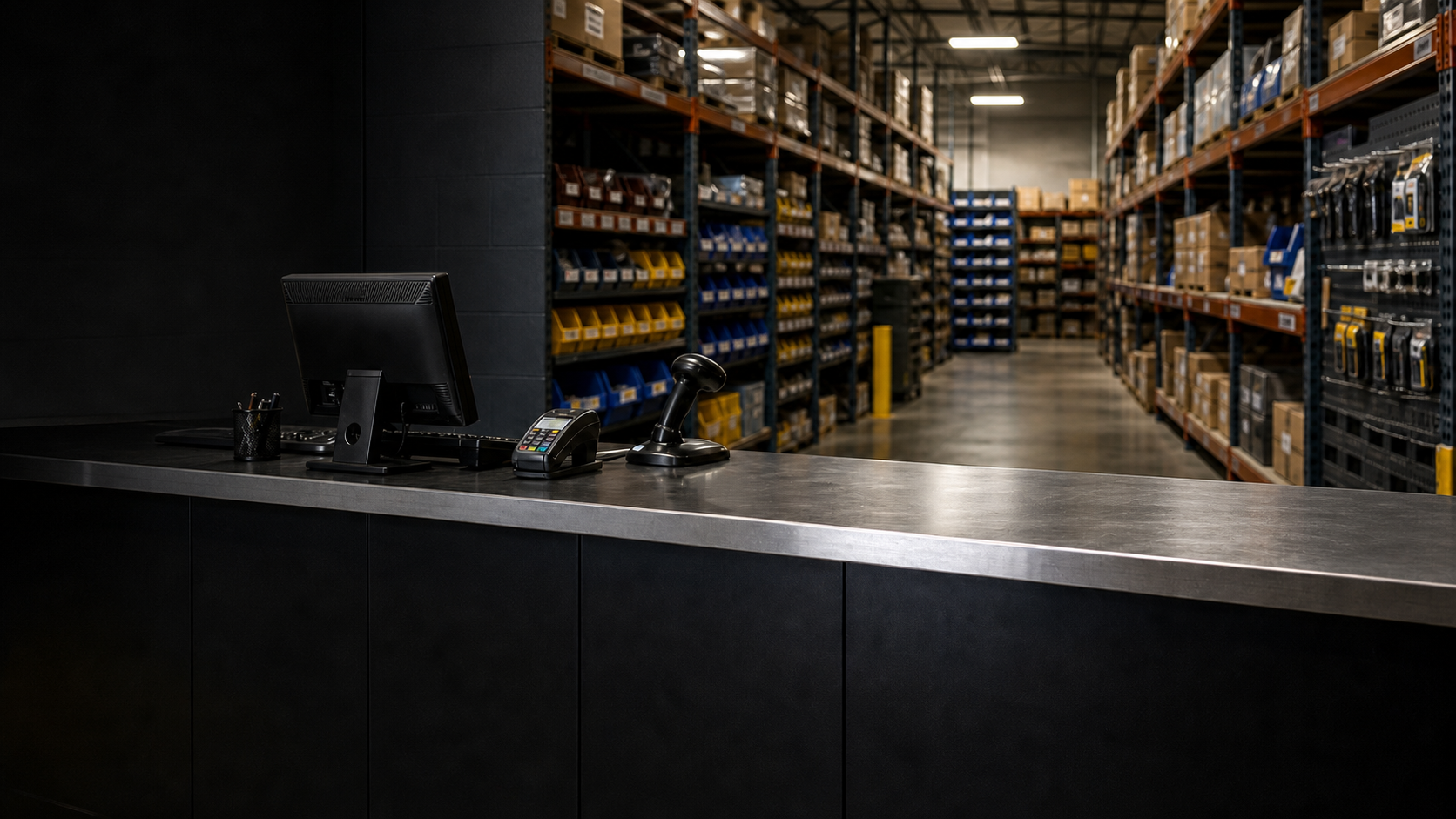 Organized contractor supply counter inside a warehouse