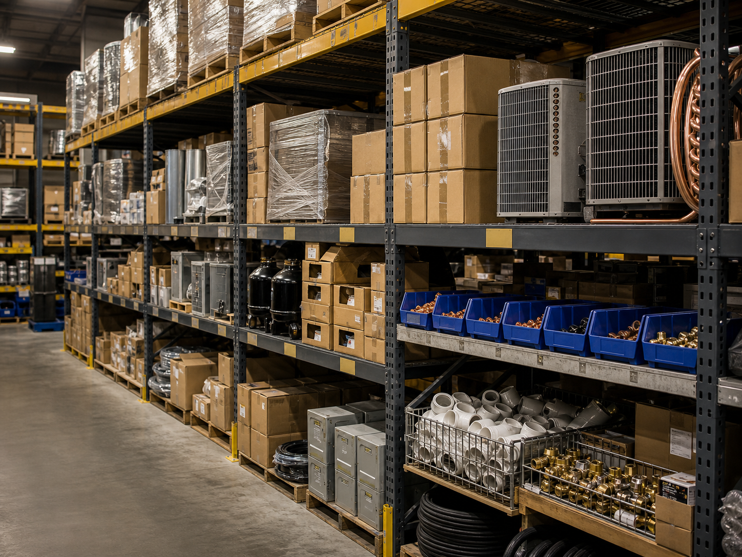 Organized warehouse shelves with surplus supply inventory